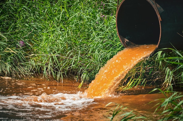 Industrieel afval in de vorm van oranje water dat uit de pijp in de rivier stroomt