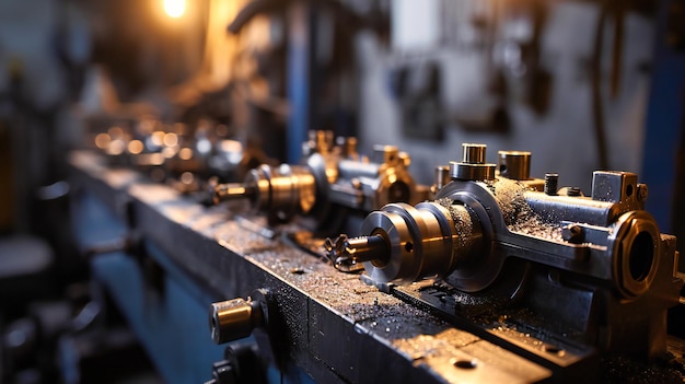 Industrieel ambacht Closeup van een draaibank die metaal draait in een moderne fabriek