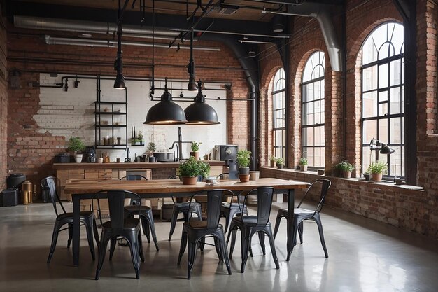 Industrieel chique loft-eetkamer met zichtbare bakstenen stalen balken en stedelijke elegantie