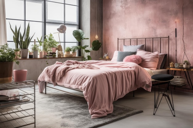 Industrieel chique slaapkamer met een roze kingsize bed en eigentijdse accenten