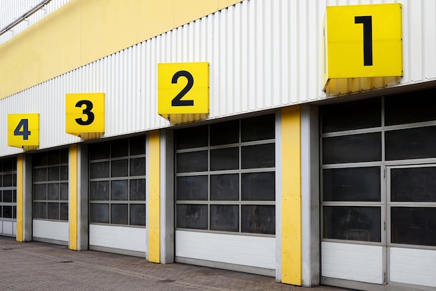 Industrieel gebouw met genummerde poorten