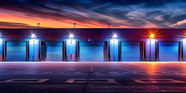 Foto industrieel gebouw met roldeur en betonnen vloer die's nachts verlicht is concept industriële architectuur stedelijke nachtfotografie industriële verlichting betonnen vloeren rollendeuren