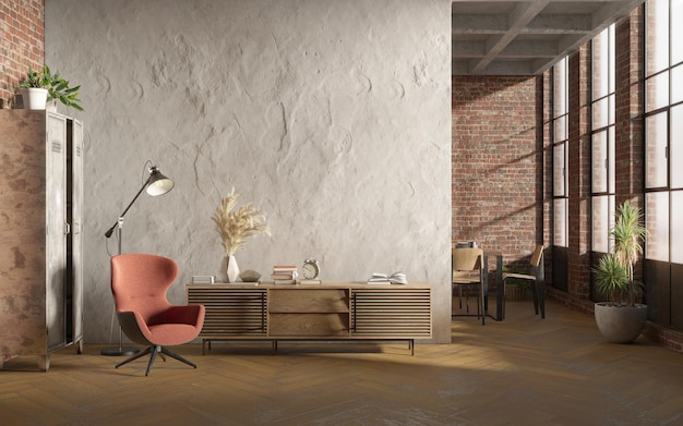 Industrieel grunge interieur met oude bakstenen muren Loft-stijl interieur mockup 3d render