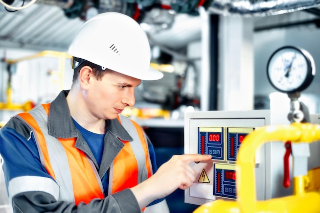 Industrieel ingenieur in helm inspecteert of past apparatuur aan in gasverwerkingsfabriek of fabriek