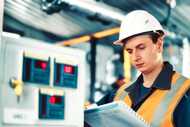 Industrieel ingenieur in helm inspecteert of past apparatuur aan in gasverwerkingsfabriek of fabriek