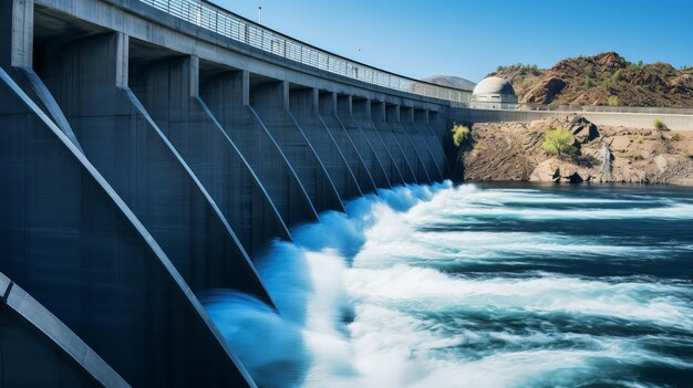 Foto industrieel landschap met hydro-elektrische dam en waterafvoer door sluizen