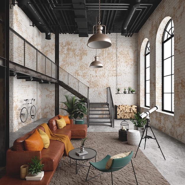 Foto industrieel loft woonkamer interieur met banklamp en bakstenen muur