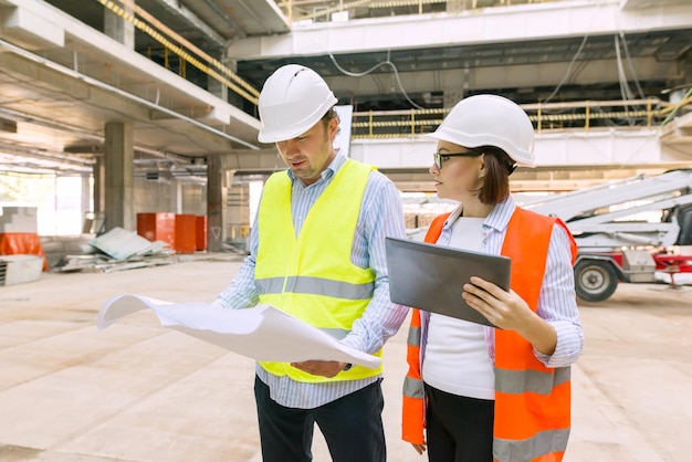 Industrieel portret van mannelijke en vrouwelijke ingenieurs in de bouw van een commercieel administratief gebouw