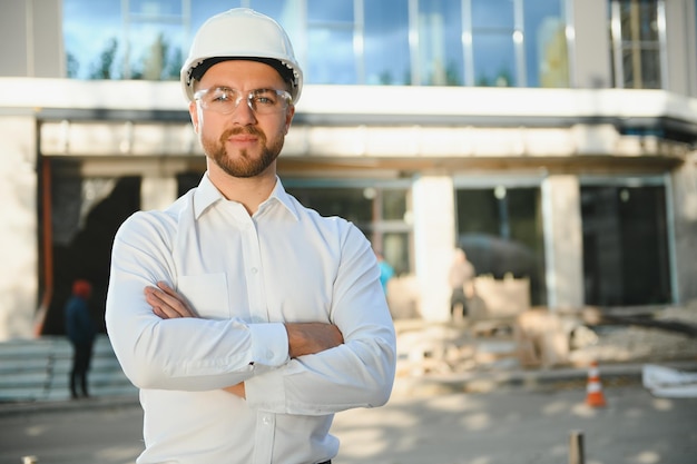 Industrieel thema: aannemer staat op een bouwterrein.