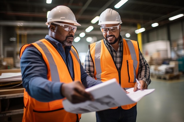 Foto industriële arbeiders in veiligheidsgordels en helm die samenwerken aan een project