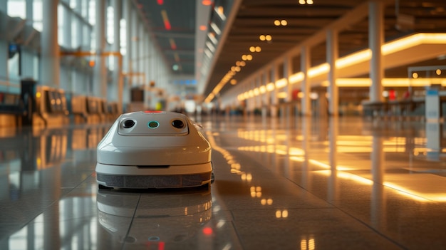 Foto industriële automatische robotreiniger die de vloer in de luchthaven of het winkelcentrum veegt