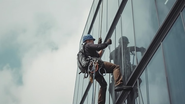 Industriële bergbeklimmer die buiten de gevelbeglazing wast, hangt boven het gebouw Generative AI