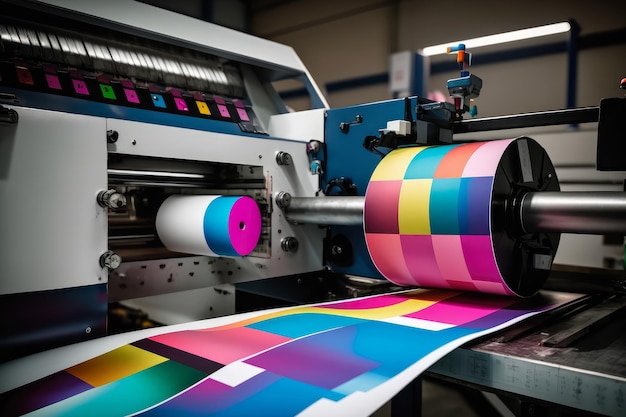 Foto industriële drukmachine bezig met het printen van een kleurrijk grafisch ontwerp op een grote rol