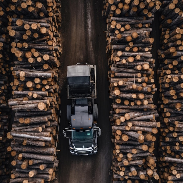 Industriële houtdrager geparkeerd tussen vers gezaagd hout luchtfoto Generative Ai