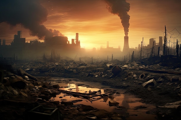 Industriële landschap met vervuiling van de planeet Concept van de opwarming van de aarde Vervuiling van het milieu Concept van de verontreiniging van het milieu AI gegenereerd