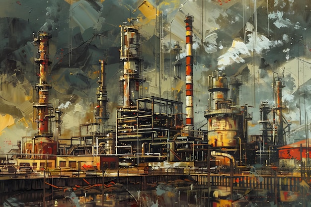 Industriële landschap Rookfabriek Pijpen Fabriekgebouwen Industriële Abstract Generatieve AI Illustratie
