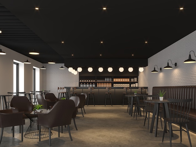 Industriële loft-stijl coffeeshop 3d render decoreren met zwart hout en lederen meubels