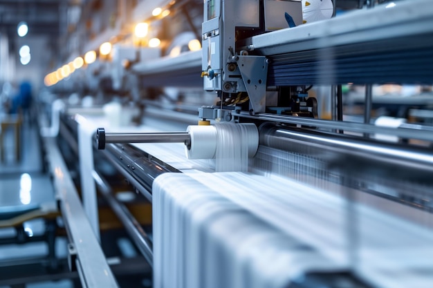 Industriële machines in een textielfabriek weven stoffen met automatisering en productieproces