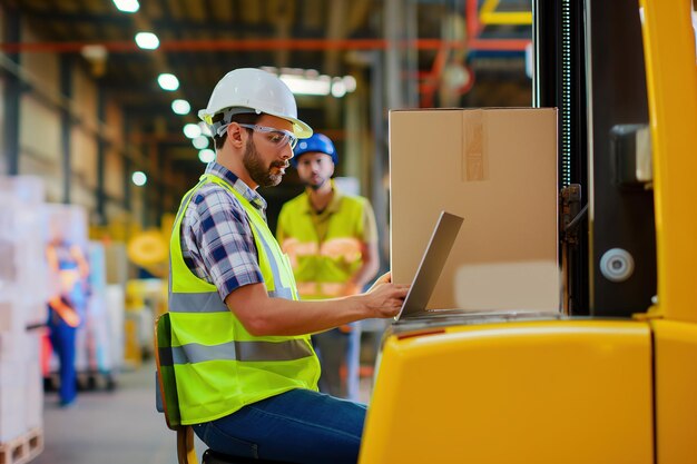 Industriële magazijnteam ingenieur of werknemer man met behulp van laptop scanner het controleren van goederen en doos plank voorraad en zitten op floklift in het magazijn fabriek winkelarbeider tellen check voorraad