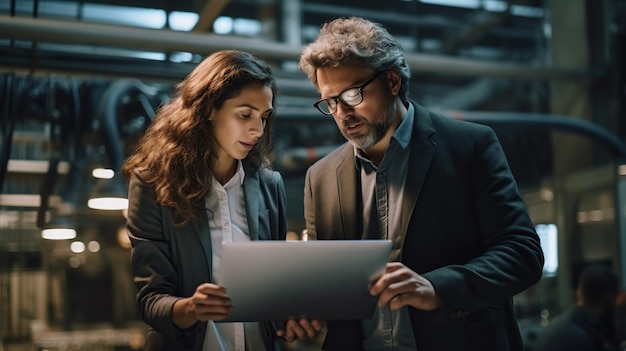 Industriële man en vrouw ingenieur met laptop in een fabriek werken met tablet Industriële concept