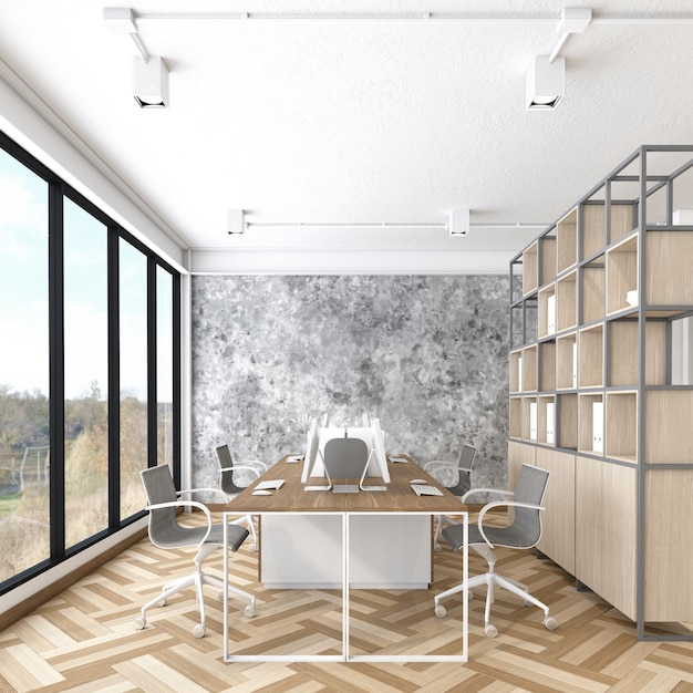 Industriële minimalistische stijl kantoorruimte met houten bureau houten vloer en betonnen muur 3D-rendering