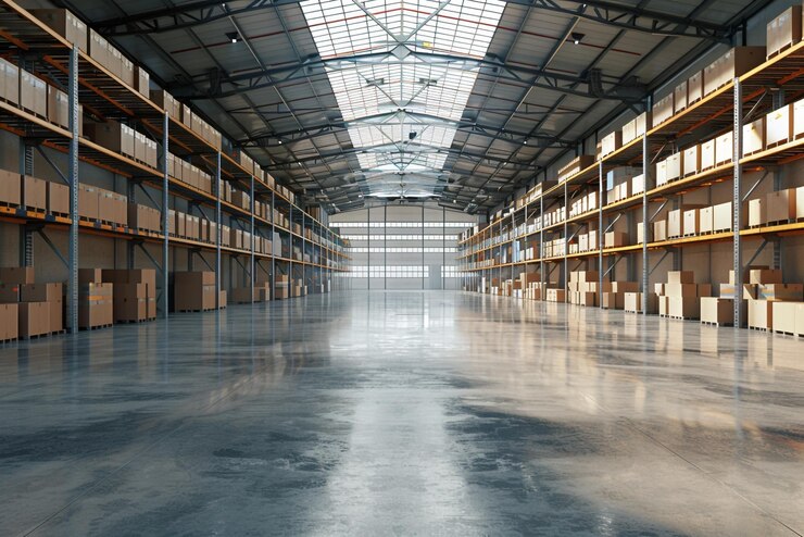 Foto industriële opslagfaciliteit warehouse verpakt met gestapelde dozen logistiek en distributie hub
