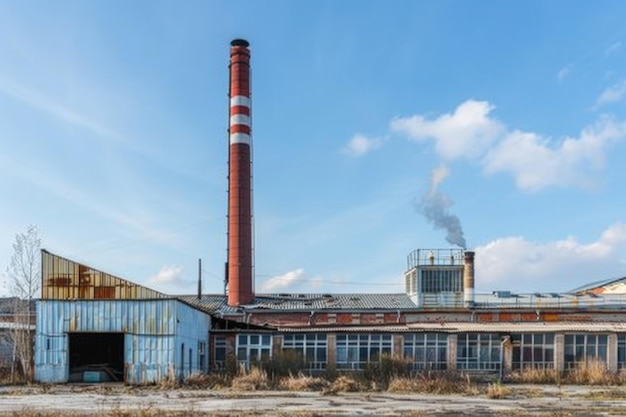 Industriële pakhuizen en fabrieksgebouwen met een grote schoorsteen tegen een blauwe achtergrond