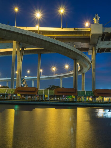 Industriële ringbruggen bekend als Bhumibhol-bruggen over de Chaophraya-rivier in schemertijd