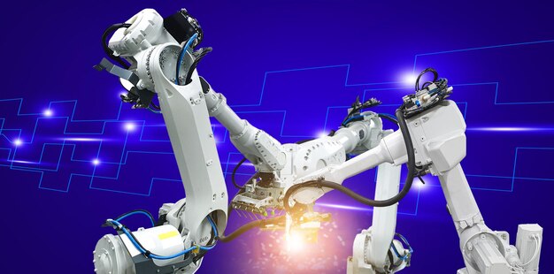 Industriële robot abstracte lijnen en punten communicatie technologie achtergrond voor het bedrijfsleven