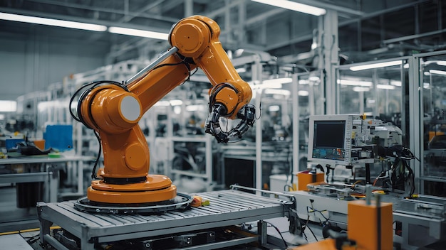 Industriële robotarm die een hightech gadget op een productielijn assembleert