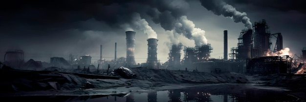 industriële scène met torenhoge schoorstenen die rookwolken uitzenden