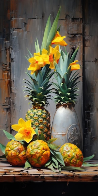 Industriële schilderkunst met ananas en narcissen