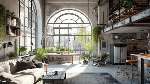 Industriële stijl loft appartement met boogvensters en binnenbalkon industriële generatieve Ai