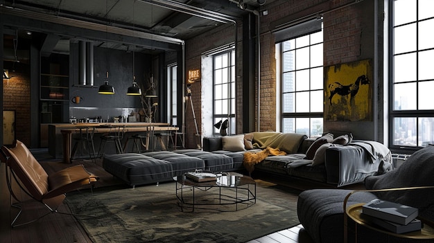 Industriële stijl van donkere woonkamer interieur industriële interieur Generatieve Ai