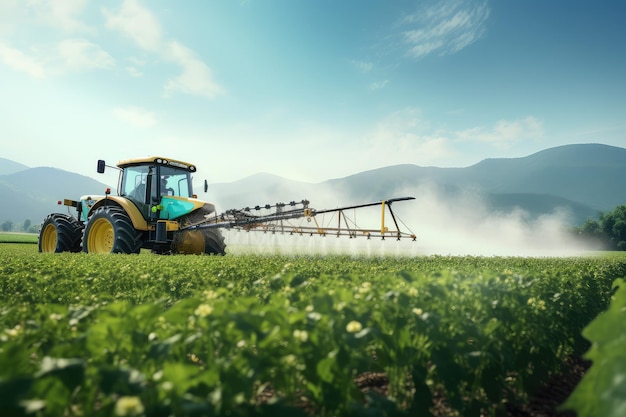 Industriële tractor die in het voorjaar een sojabonenveld bespuit in de landbouw