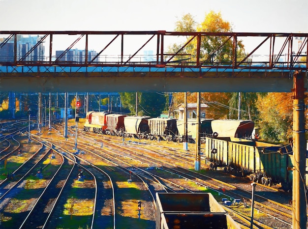 Industriële treinwagons op station schilderij illustratie