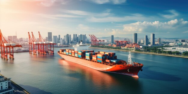 Industriële vrachtschepen, containerschepen, vracht voor maritieme invoer, concept logistiek systeem van Generative AI