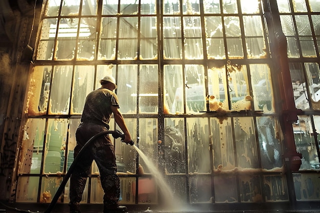 Foto industriële werknemer die een raam in een fabriek met een slang schoonmaakt