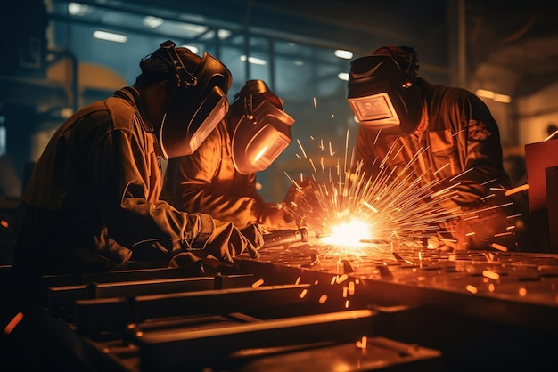 Industriële werknemers lassen metaal in een fabriek