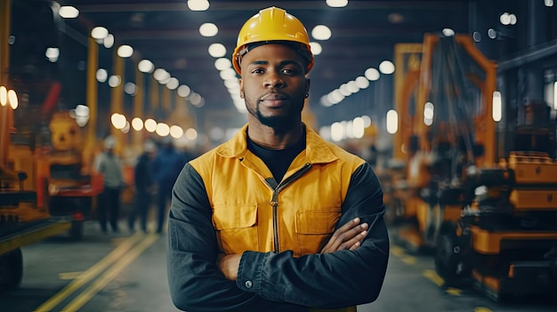 Industriële zwarte mensen mannelijke ingenieur gekruiste armen met vertrouwen in harde hoed veiligheidsvest dragen door middel van zware industrie productie fabriek met verschillende metaalbewerkingsprocessen generatieve Ai