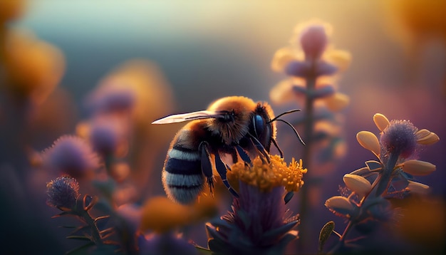 Industrious bee flying in the garden search of its pollen generative AI