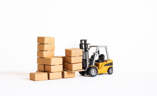 Industry and business transportation with forklift loading product boxeconomy with demand and supply concepts