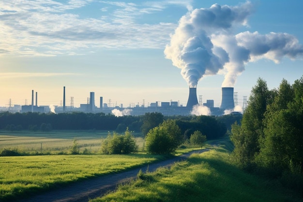 Фото Промышленный комплекс во франкфурте рано утром с зелеными полями и дымящимся дымоходом