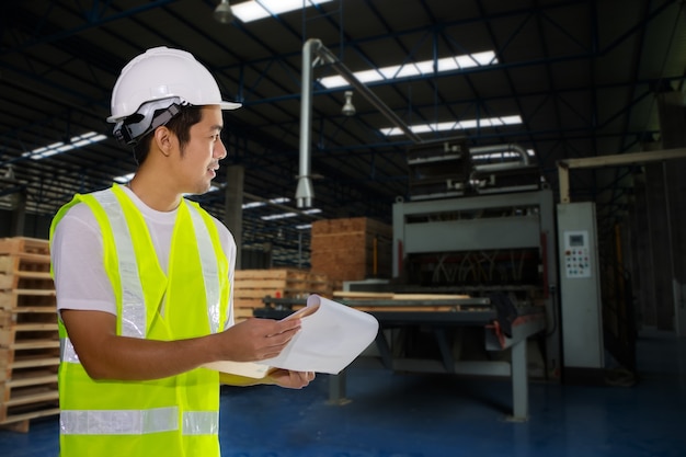 Photo industry engineer check the lumber factory and production machinery.