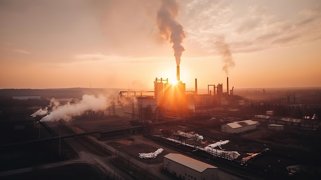 Industry metallurgical plant dawn smoke smog emissions bad ecology aerial photography AI generated