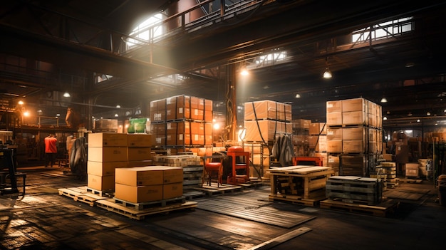 Промышленный склад с картонными контейнерами, поддонами и оборудованием