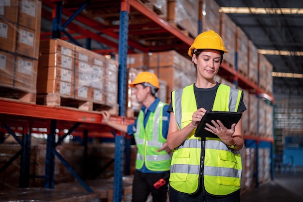Industry warehouse worker in helmets with produce order details and checking goods supplies on boxes shelve in workplace warehouse industry logistic export import distribution business concept