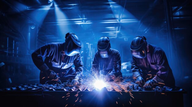 Photo industry welders worker perform arc welding in factories