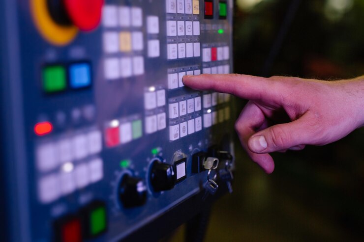 Industry Worker entering data in CNC machine at factory