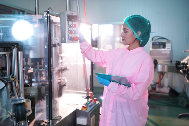 Industry worker entering data in machine at factory